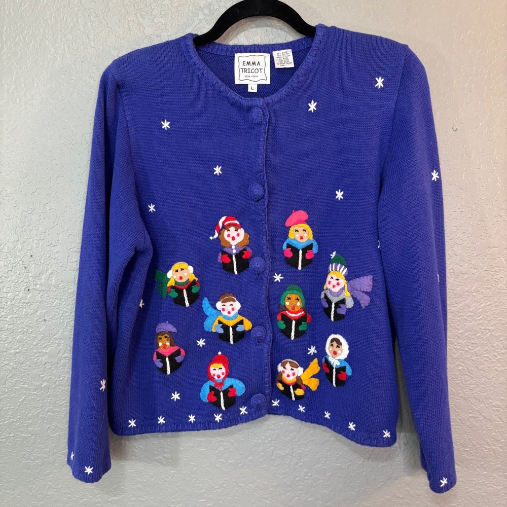 Emma Tricot Vintage 1998 Christmas Carolers Cardigan Sweater Blue Large